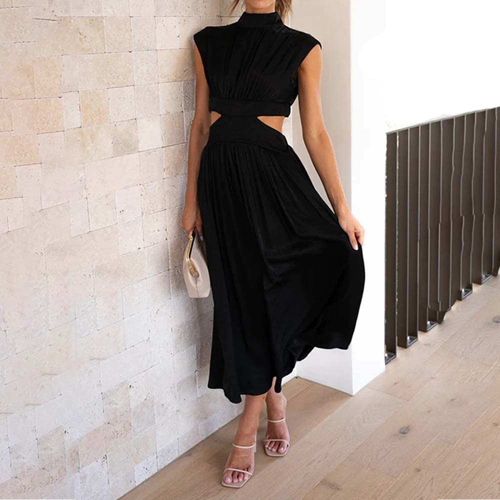 Stylish stand-up collar and exposed waist resort style dress