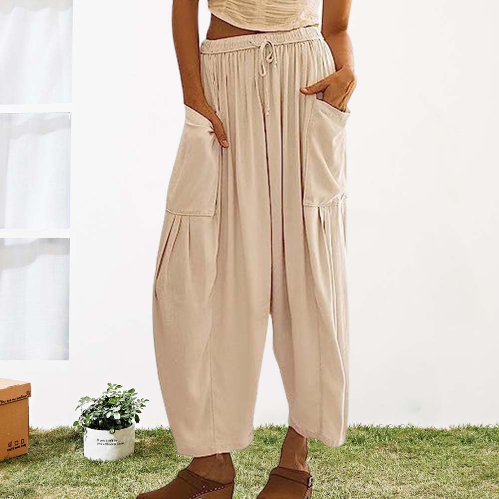 Pantalones casuales de algodón y lino con pierna ancha y cintura alta