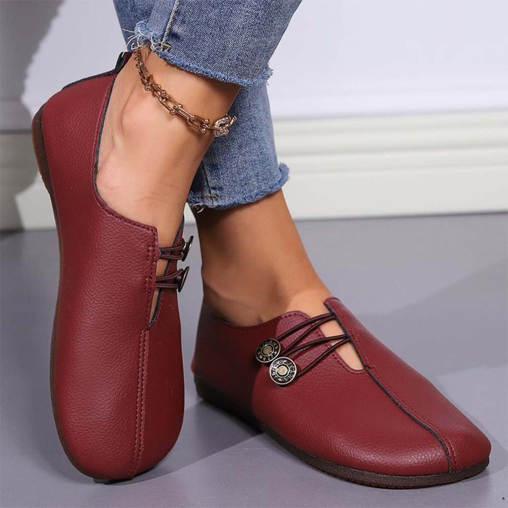Zapatos casuales de dos botones con punta redonda de cuero retro para mujer