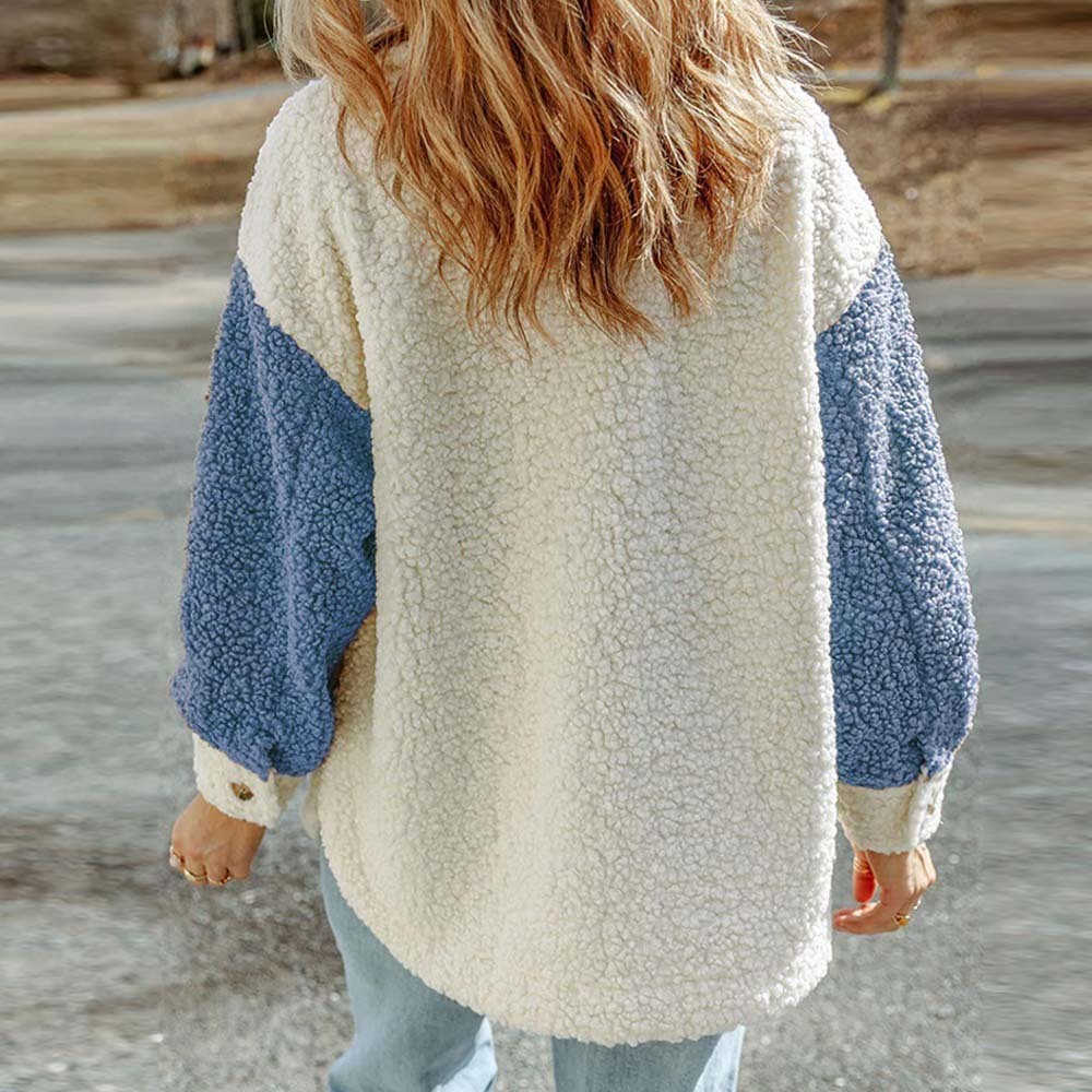 Olivoslindo Abrigo de piel suelto de manga larga informal de otoño e invierno para mujer con doble bolsillo y color a juego