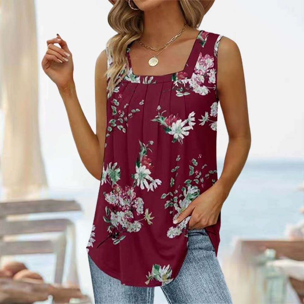 Top sin mangas con cuello cuadrado y estampado para mujer de verano