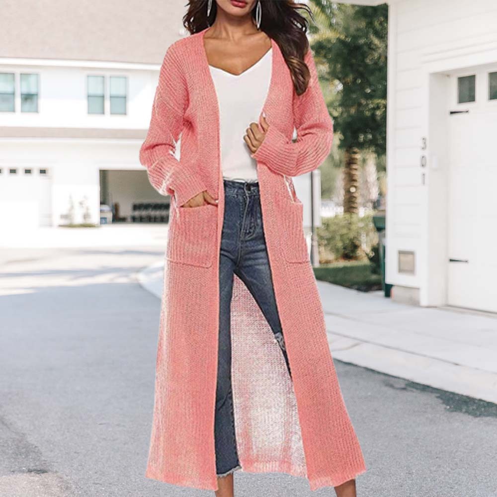 Olivoslindo Abrigo de mujer fino de punto con abertura larga y bolsillos grandes