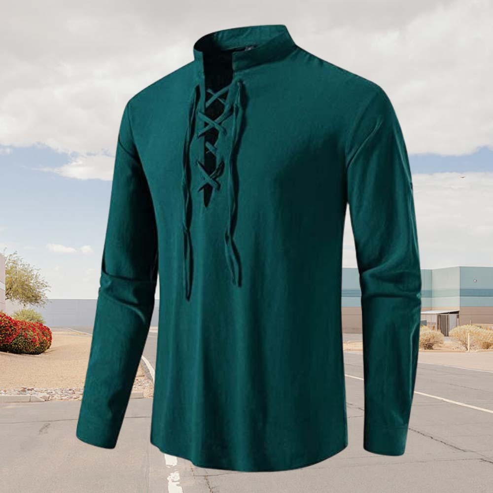 Spring Men's Cotton and Linen Stand Collar Long Sleeve Tie-Up Shirt