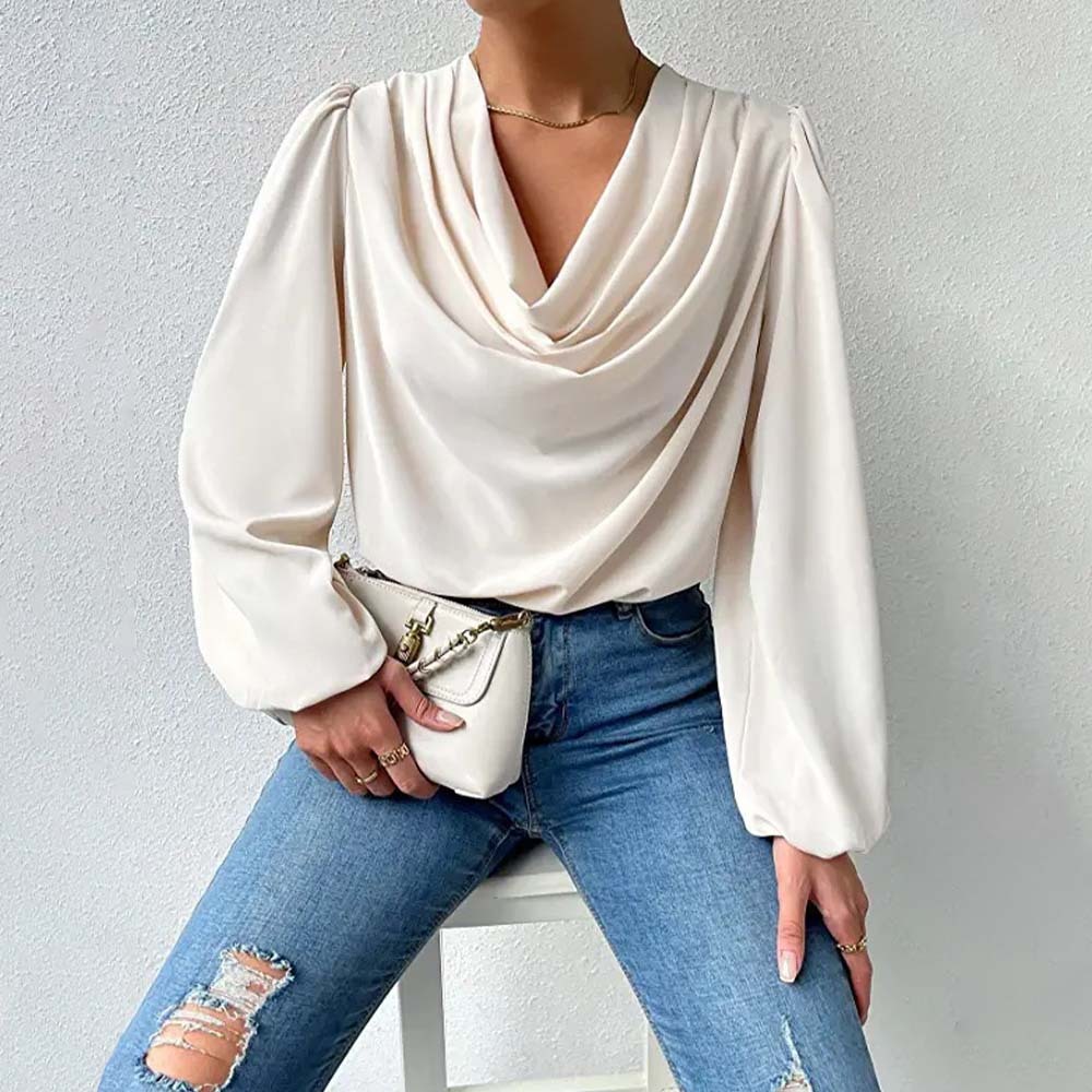 Camisa de gasa cómoda con mangas farol para mujer