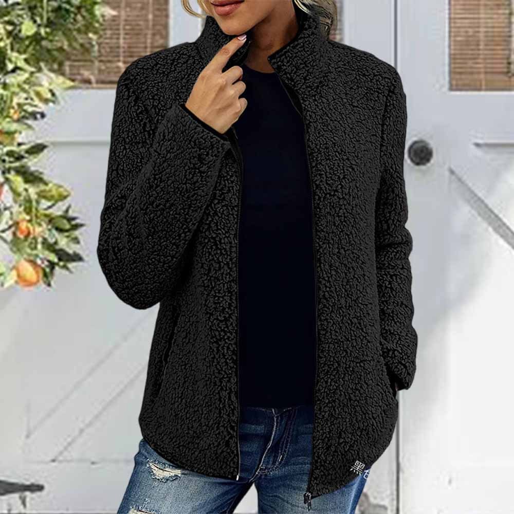 Olivoslindo Nueva chaqueta polar de color liso para mujer con cuello alto, mangas largas y cremallera