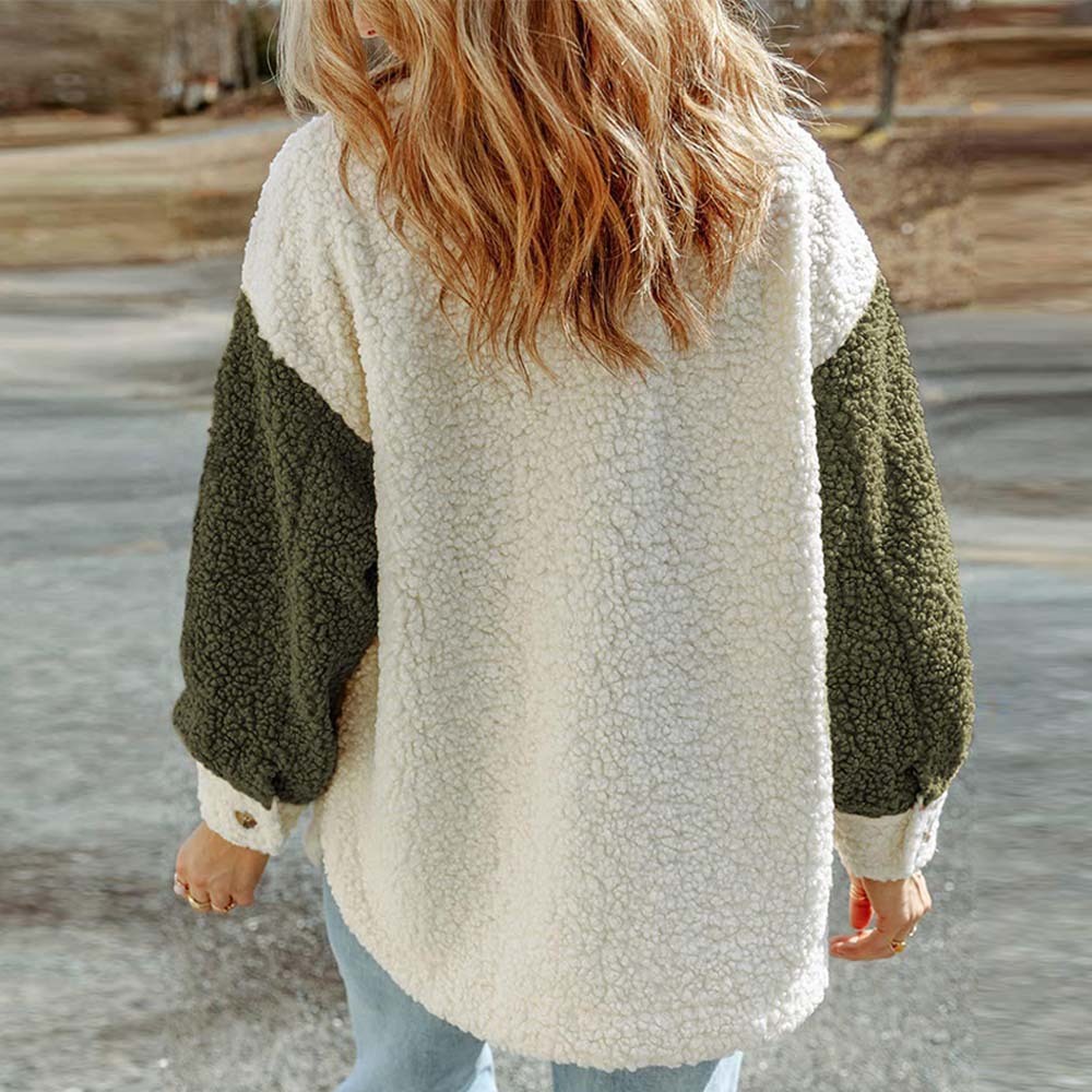 Olivoslindo Abrigo de piel suelto de manga larga informal de otoño e invierno para mujer con doble bolsillo y color a juego