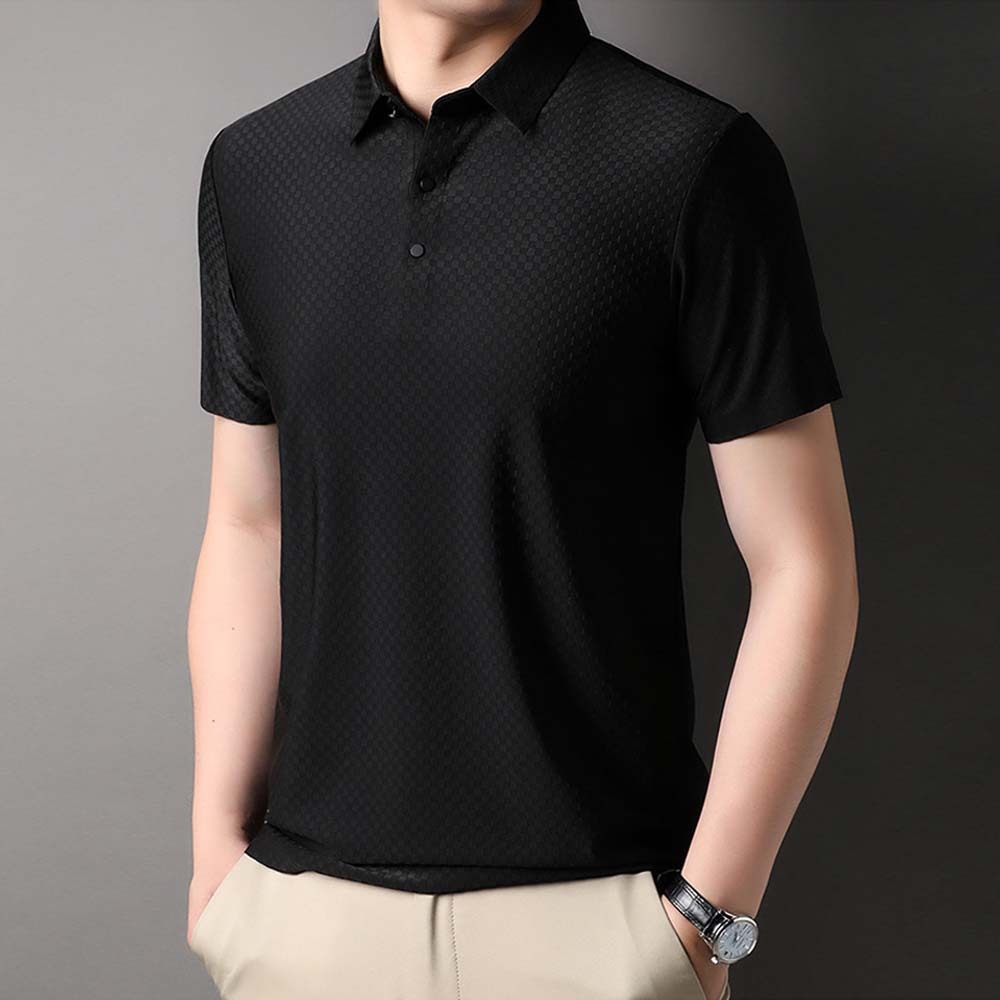 Hojanaranja Polo de manga corta a cuadros elásticos de color liso para hombre