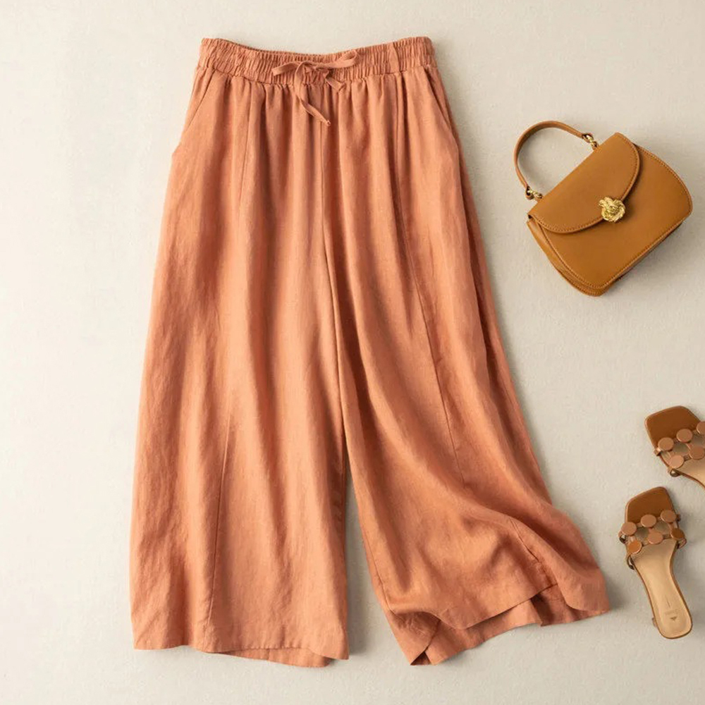 Pantalones de pierna ancha holgados informales de algodón y lino para mujer