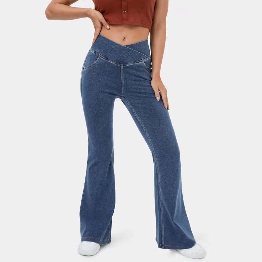 Women's Stretch Denim High Waist Crossover Flare Pants