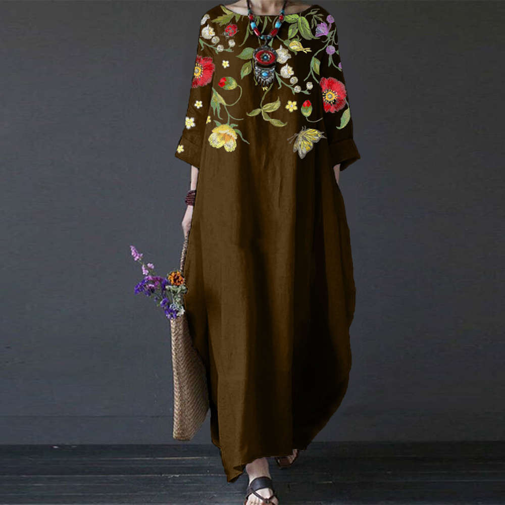 Olivoslindo Vestido retro con lindo estampado y temperamento literario con escote redondo