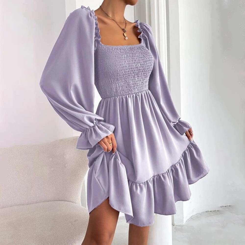 2024 Temperament Square Neck Pleated Ruffle Dress