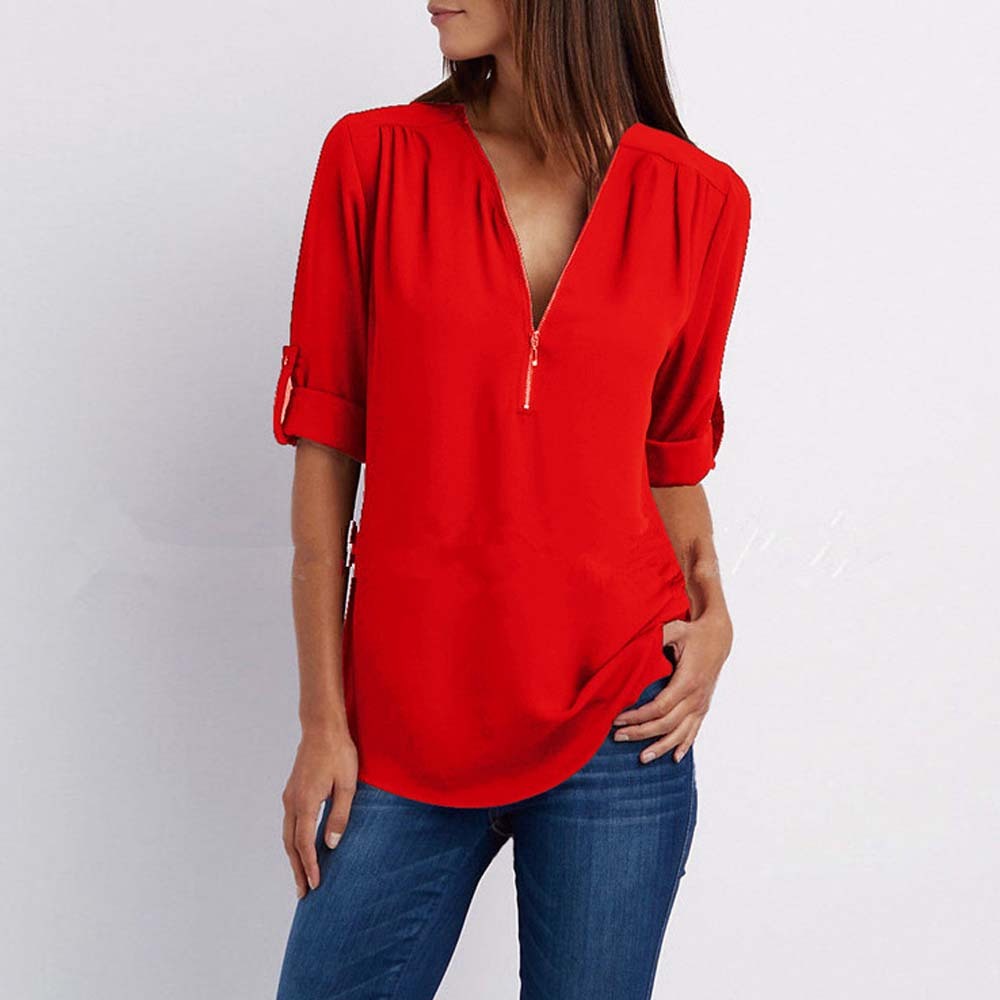 Women's Summer Fashion V Neck Zipper Chiffon Shirt