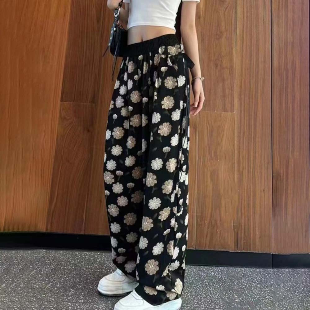 Women's fashionable printed tie-dye ice silk wide-leg pants