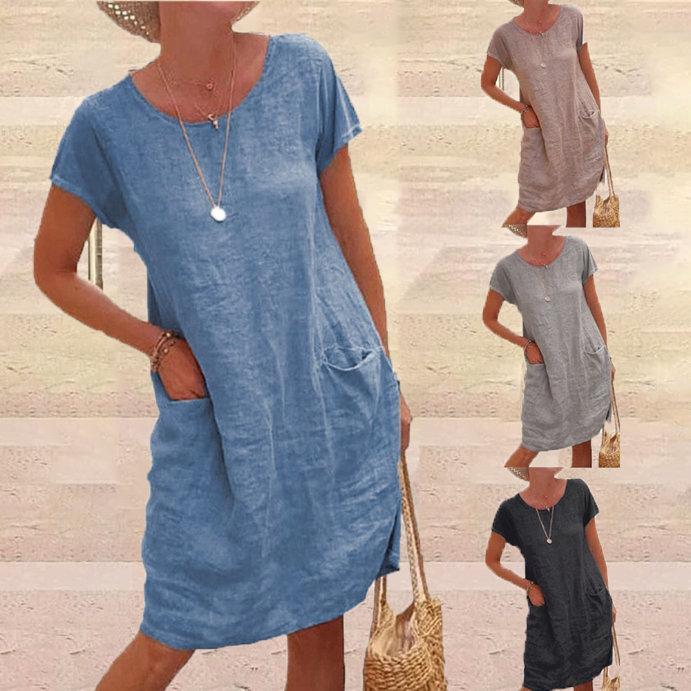 Summer women's round neck short-sleeved cotton and linen dress