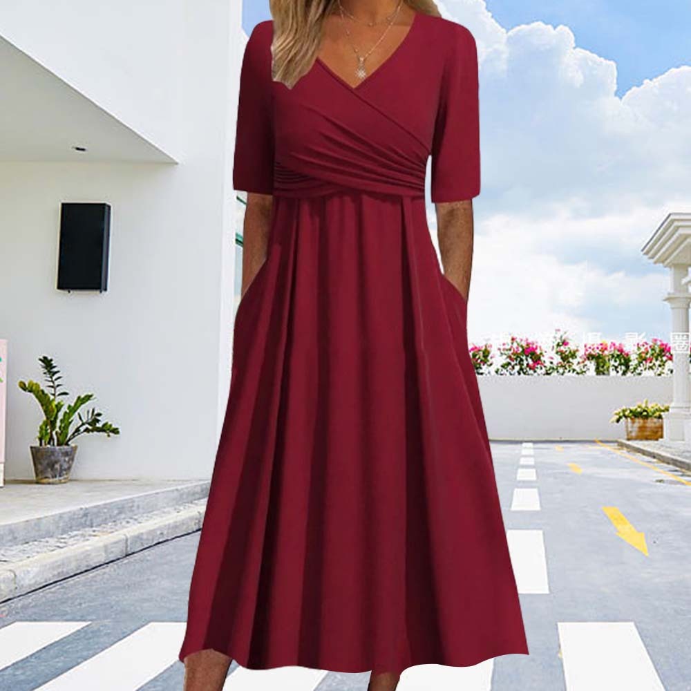 Hojanaranja Falda acampanada de manga corta con cuello en V, novedad de verano 2024