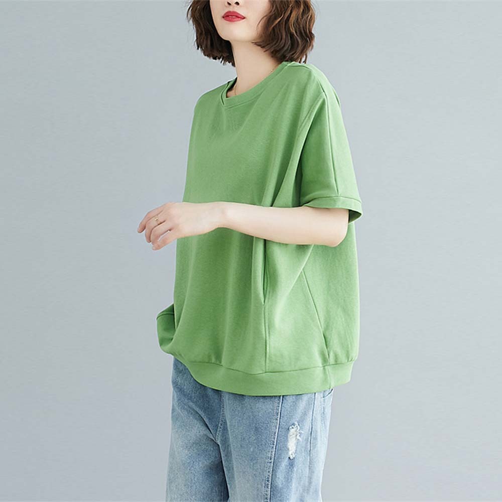 Summer women's loose solid color pocket round neck T-shirt