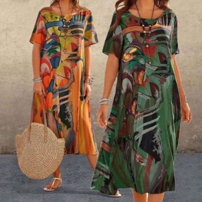 Vestido midi estampado con cuello redondo elegante para mujer