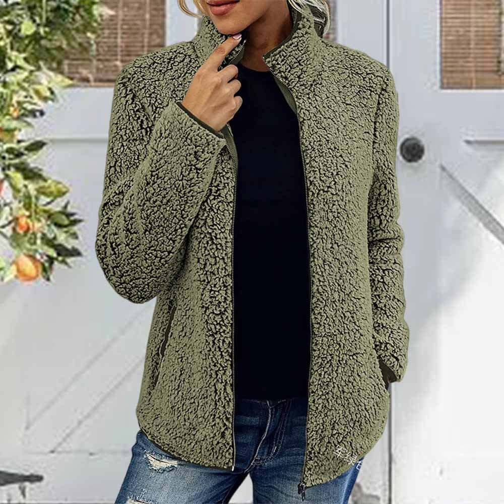 Olivoslindo Nueva chaqueta polar de color liso para mujer con cuello alto, mangas largas y cremallera