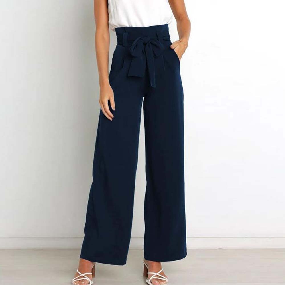 Pantalones anchos de talle alto con lazo a la moda para mujer