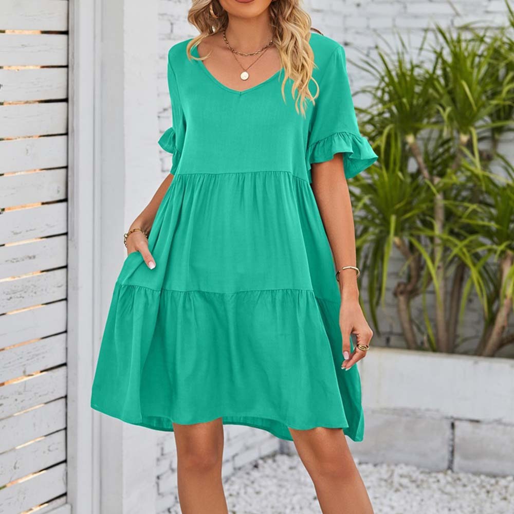 Summer casual V-neck ruffle loose dress beach dress