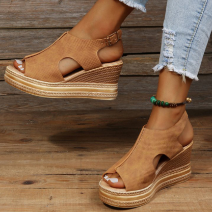 Olivoslindo Sandalias de cuña con hebilla y punta abierta estilo romano