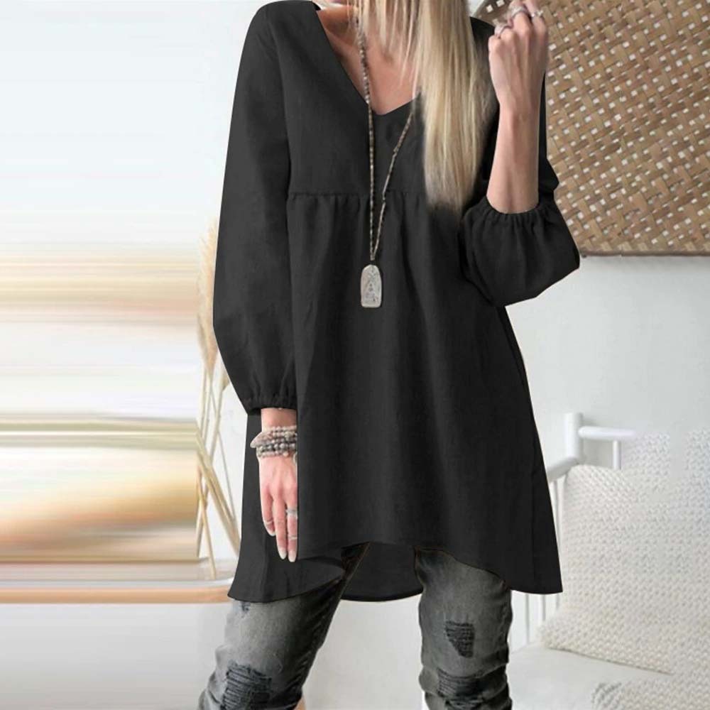 Women's solid color casual V-neck lantern sleeve cotton and linen shirt