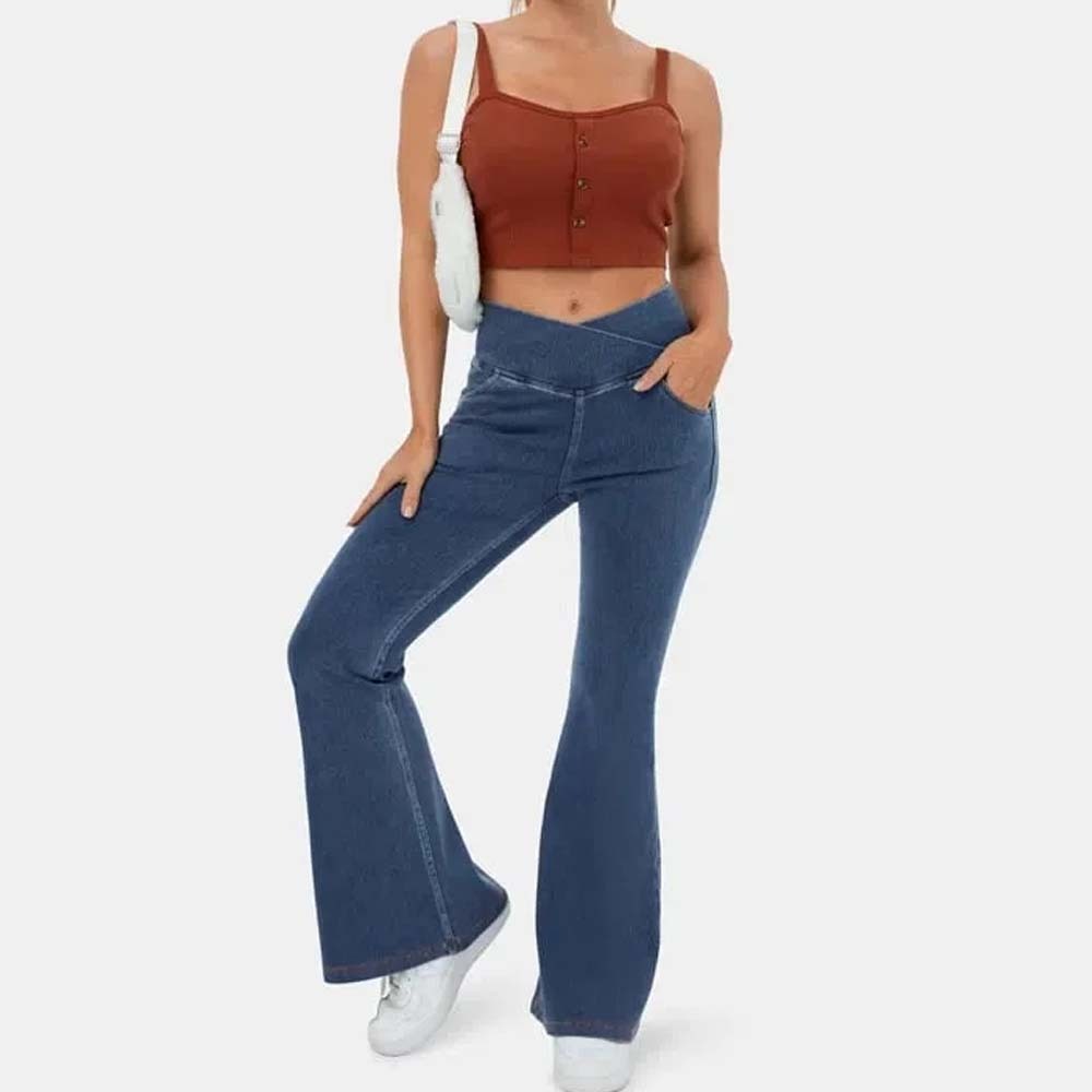 Women's Stretch Denim High Waist Crossover Flare Pants