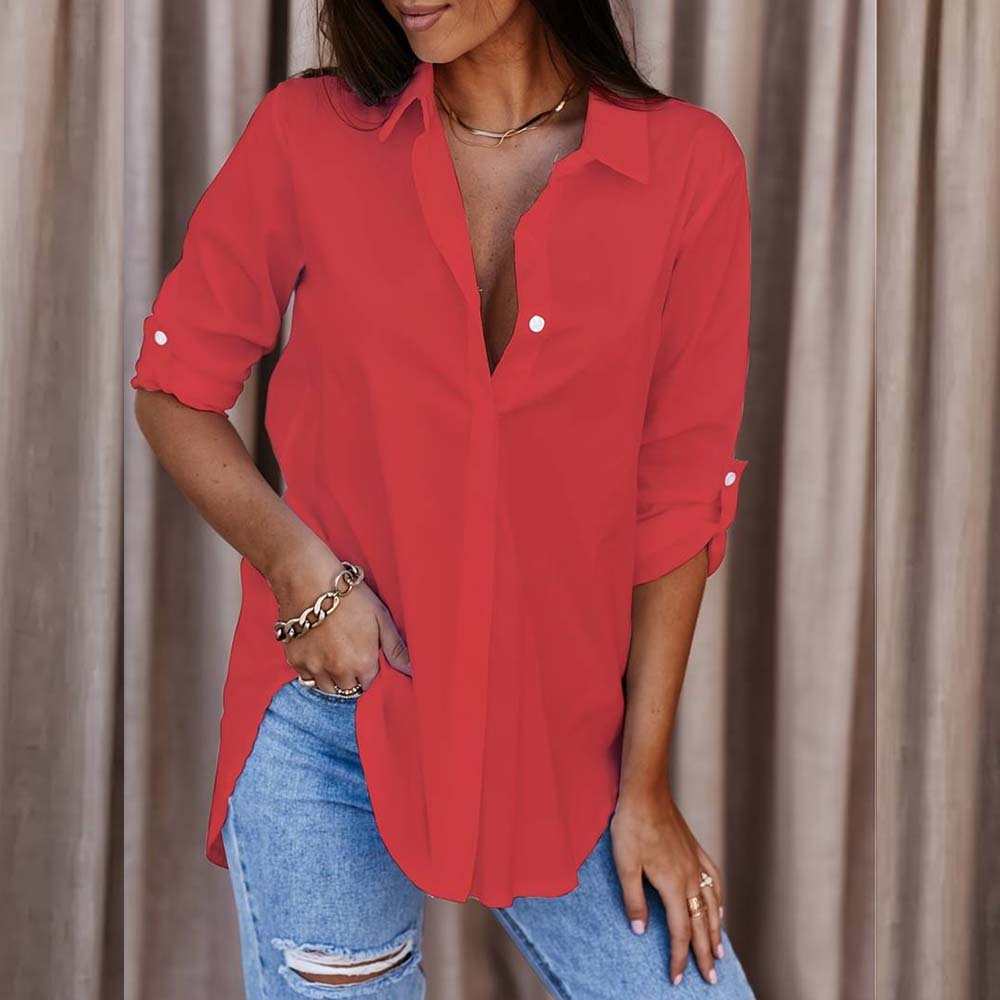 Women's V-Neck Button-Down Long Sleeve Casual Shirt
