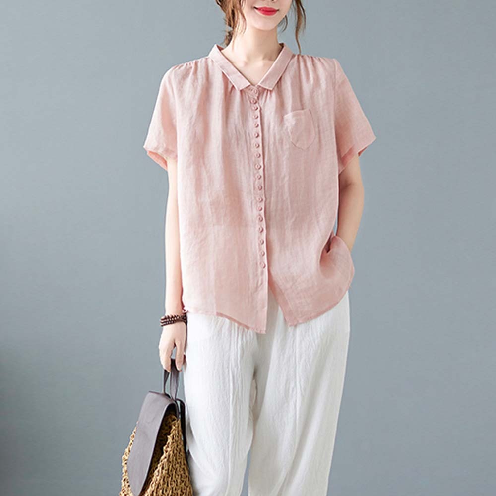 Women's loose large size cotton and linen short sleeve shirt