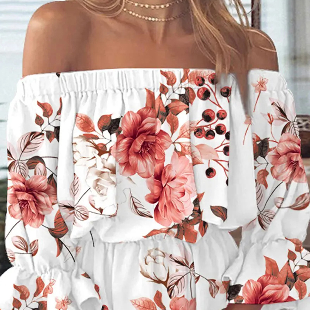 Boho print off-the-shoulder ruffle-sleeve dress