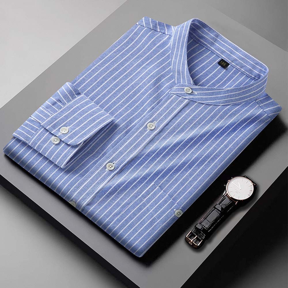Camisa casual de manga larga a rayas con cuello levantado y talla grande para hombre