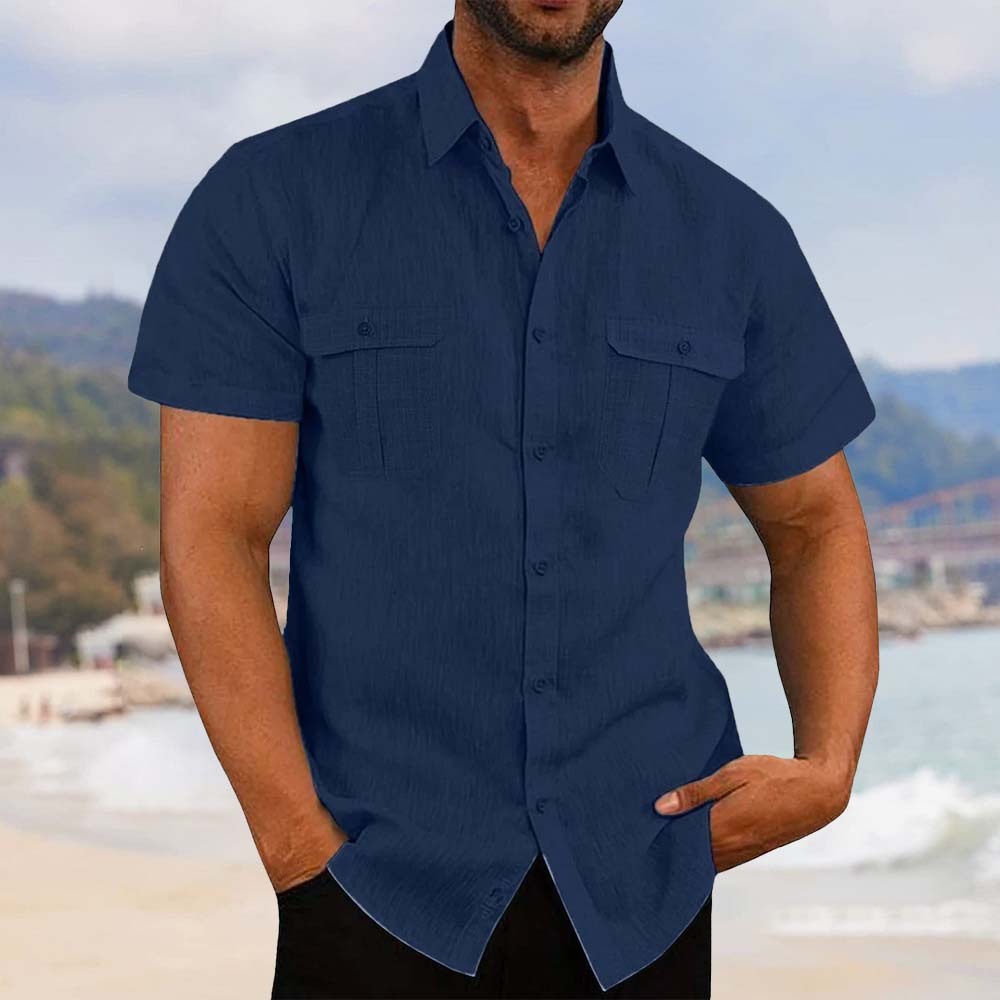 Men's stretch breathable cotton and linen pocket short-sleeved shirt