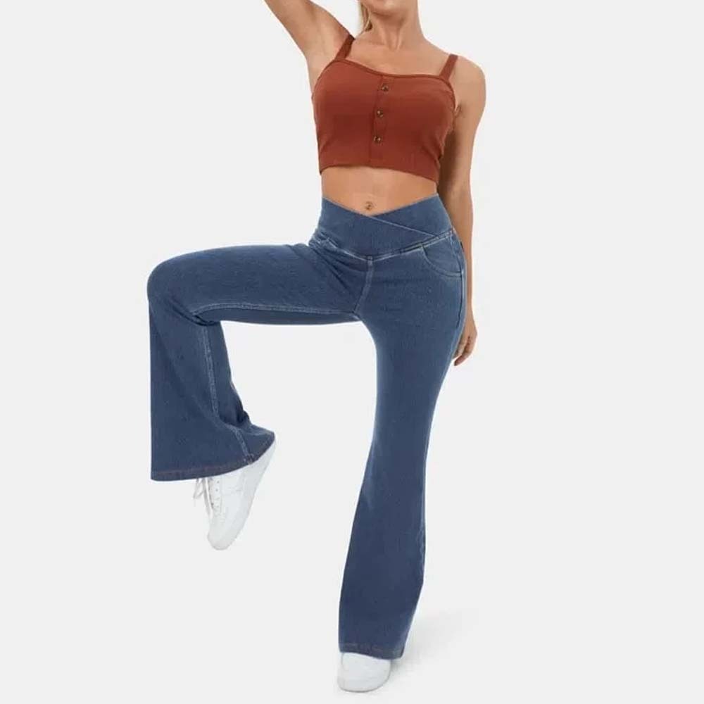 Women's Stretch Denim High Waist Crossover Flare Pants