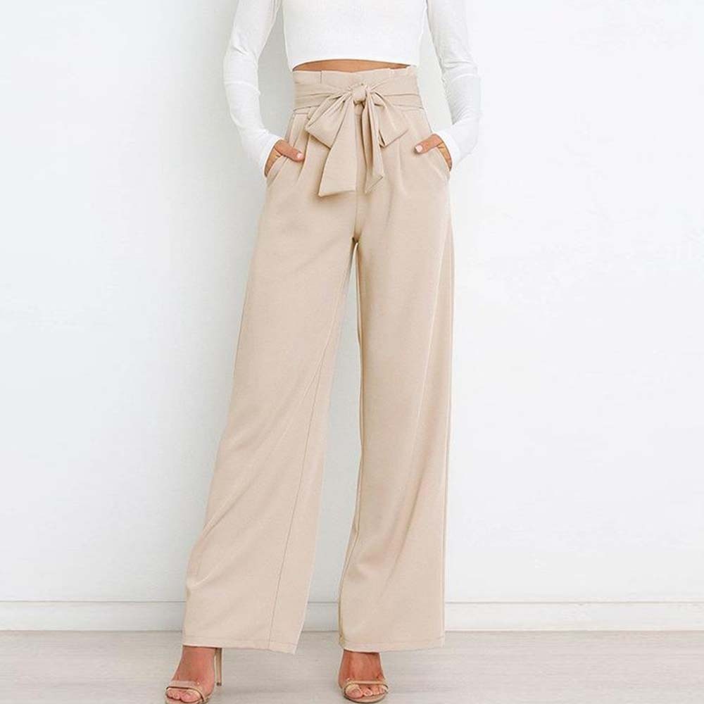 Pantalones anchos de talle alto con lazo a la moda para mujer