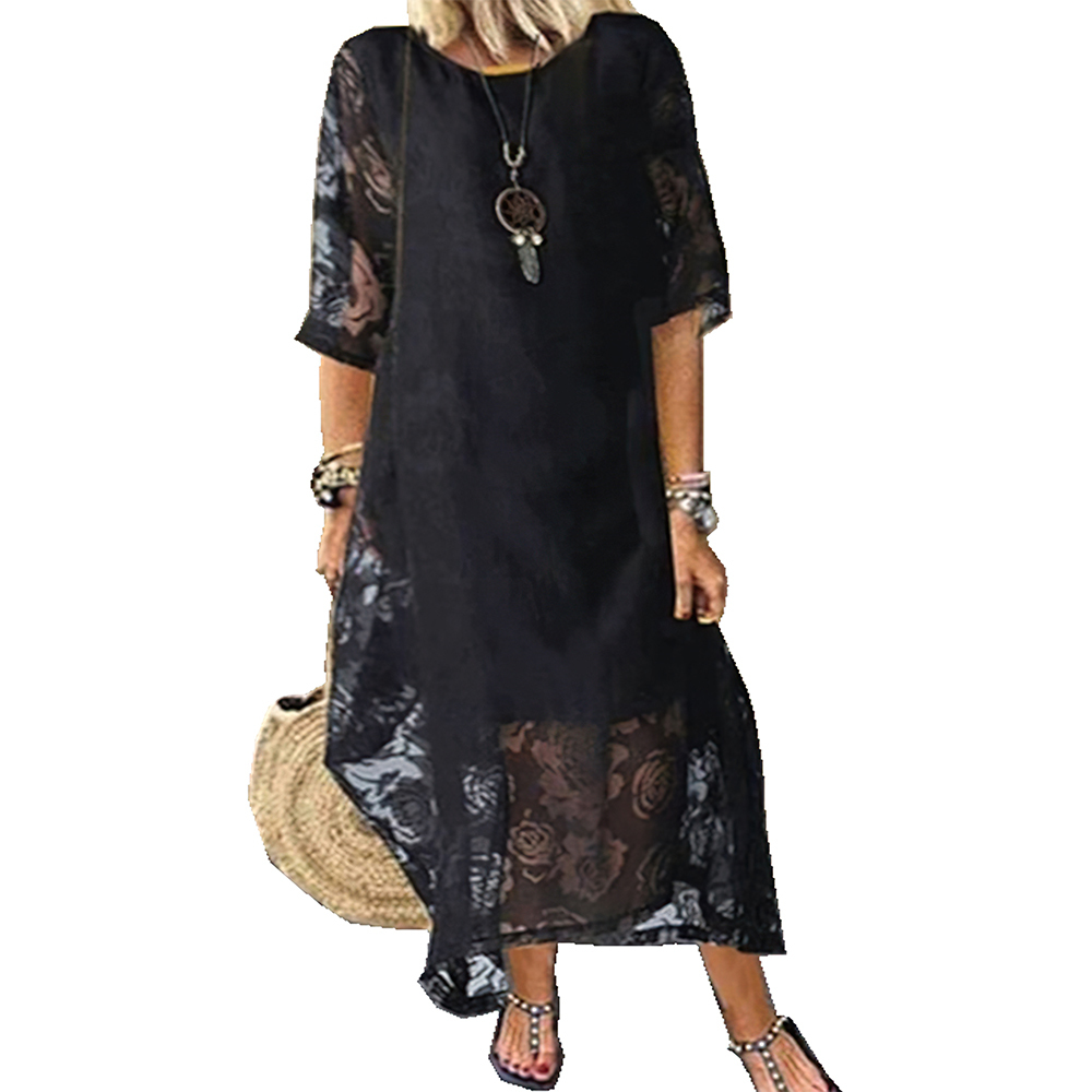 Olivoslindo Vestido de encaje de manga corta con cuello redondo