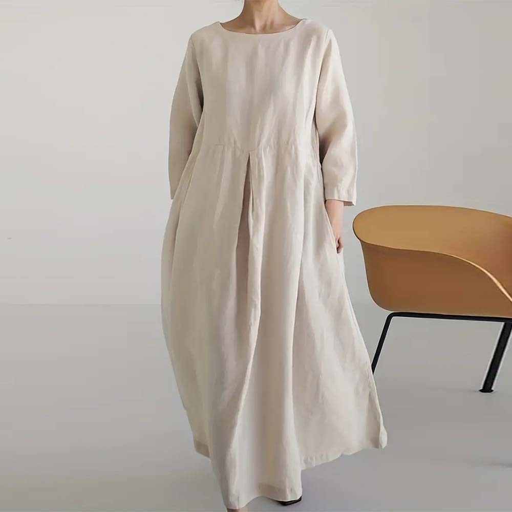 Spring and autumn casual loose round neck cotton and linen dress