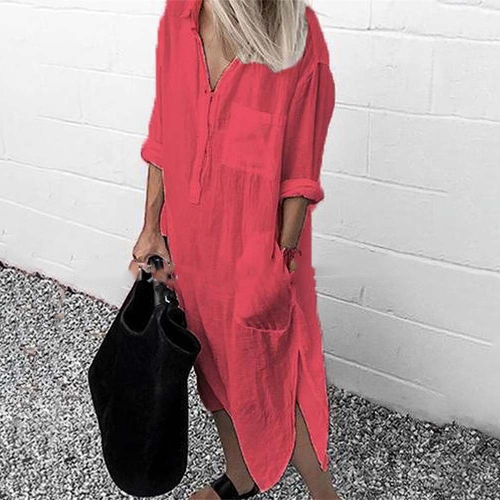 Women's elegant solid color slit pocket shirt dress