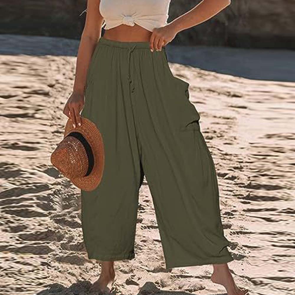 Pantalones casuales de algodón y lino con pierna ancha y cintura alta