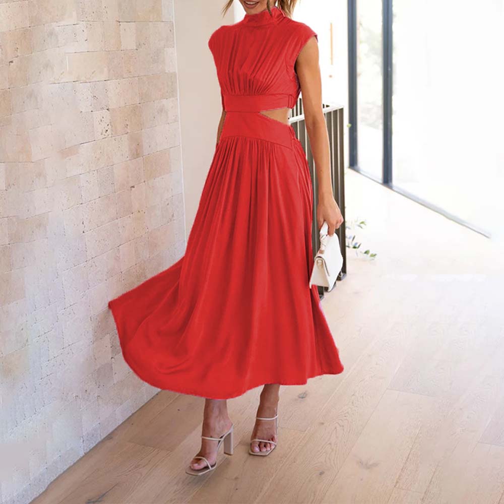 Stylish stand-up collar and exposed waist resort style dress