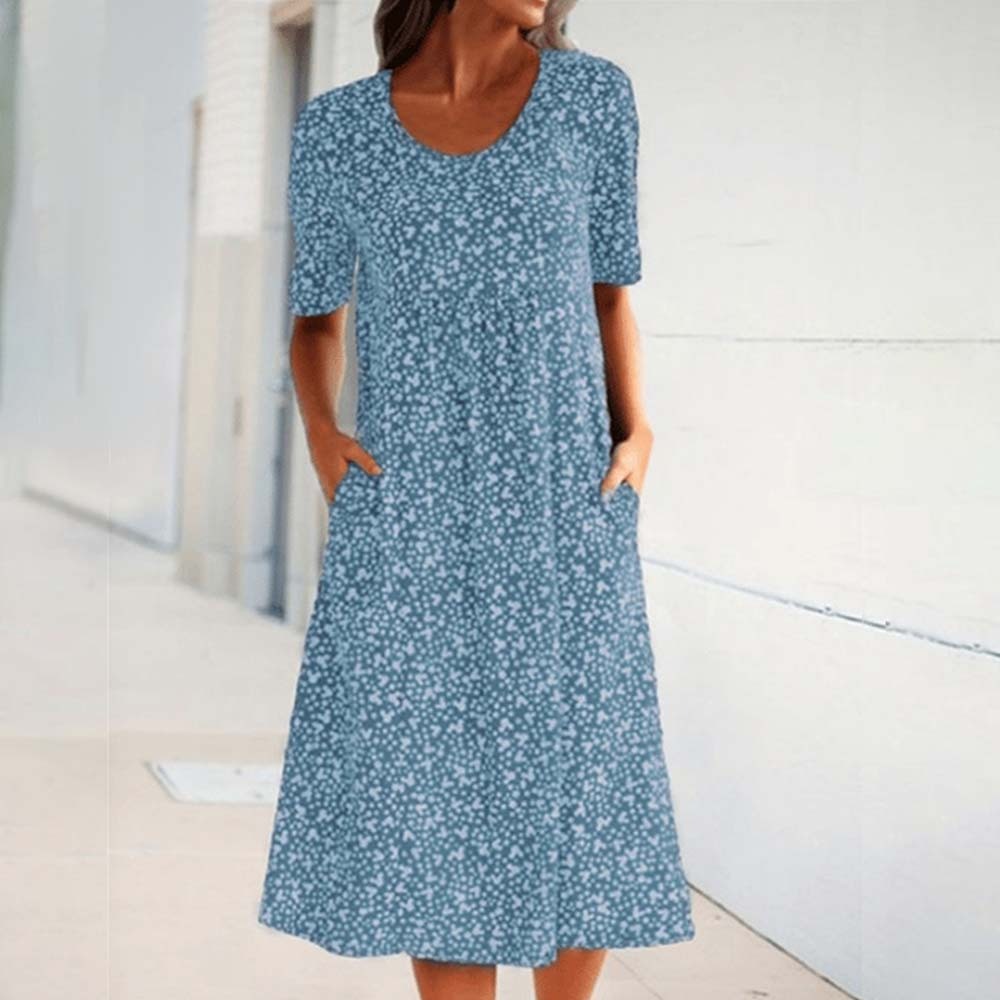 Casual Women Cotton Scoop Neck Floral Dress (8 Colors with Pockets)