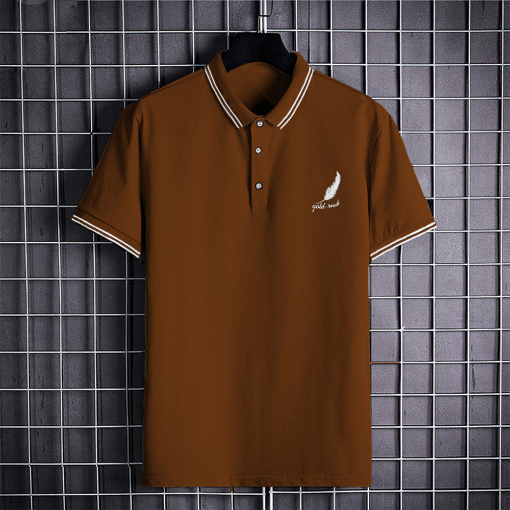 Summer Men's Feather Print Business Short Sleeve Polo Shirt