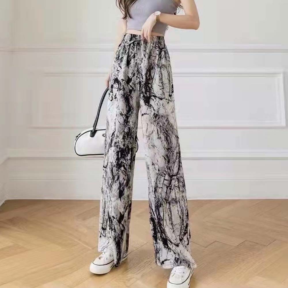 Women's fashionable printed tie-dye ice silk wide-leg pants