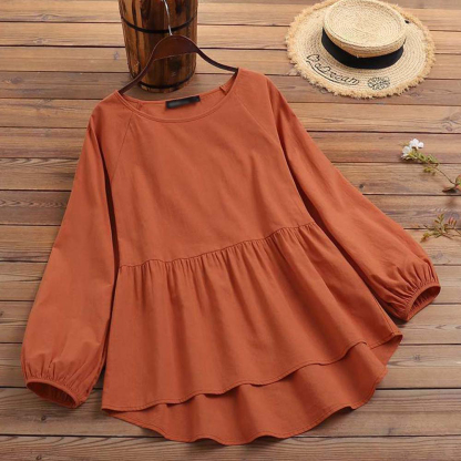 New women's lantern sleeve loose cotton and linen shirt