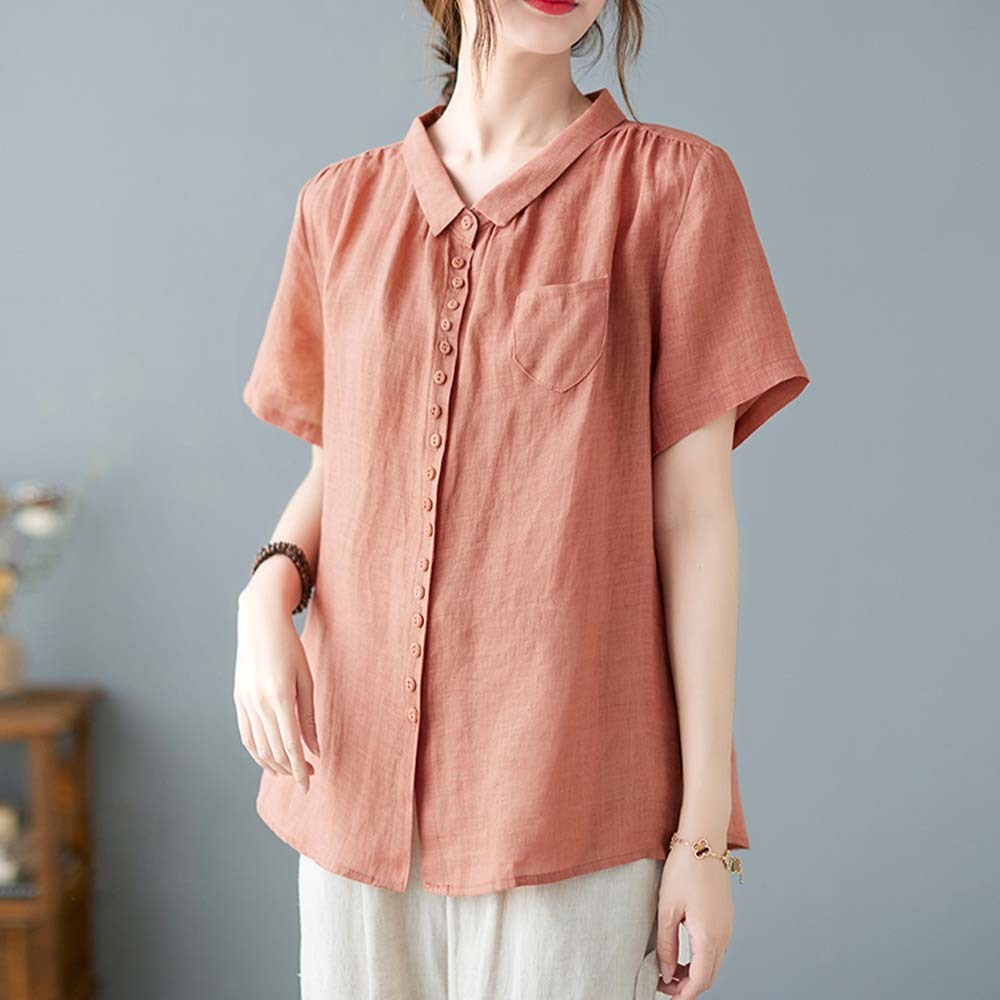 Women's loose large size cotton and linen short sleeve shirt