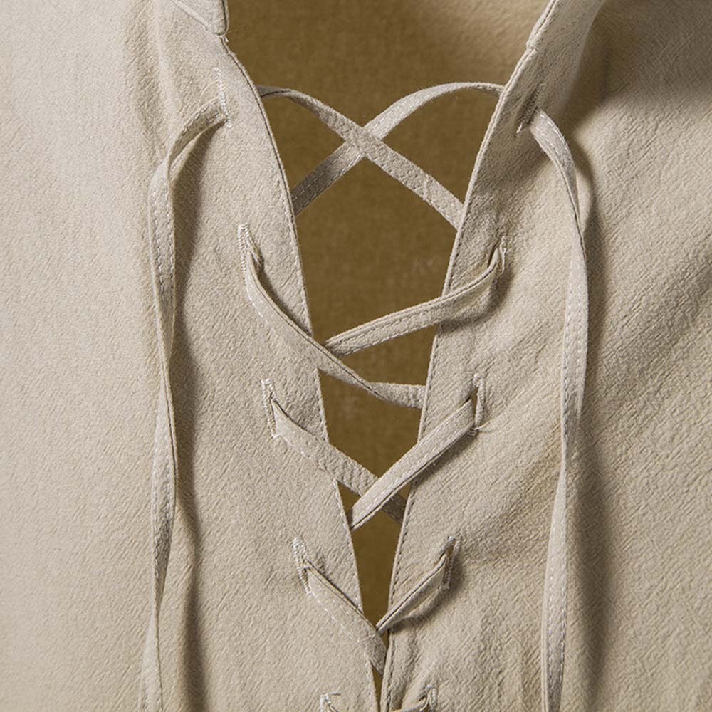 Spring Men's Cotton and Linen Stand Collar Long Sleeve Tie-Up Shirt