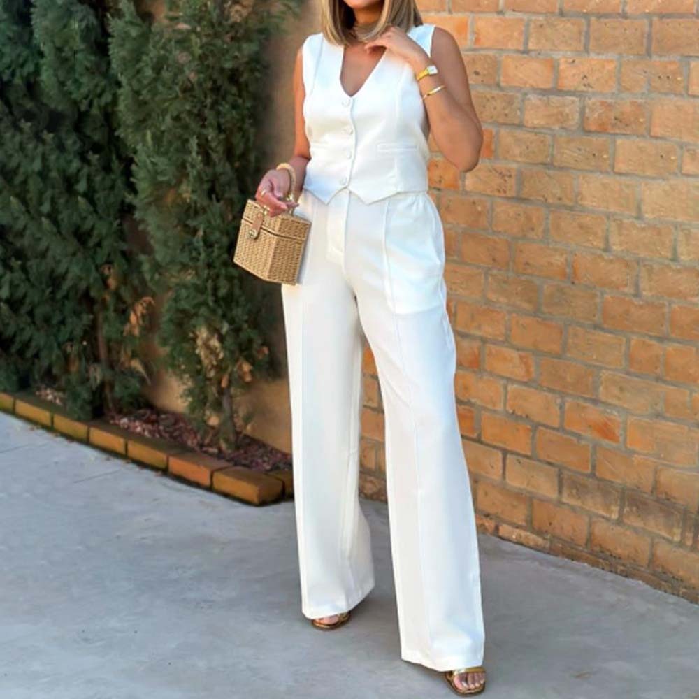 Hojanaranja Traje de moda, chaleco, pantalones de pierna ancha, conjunto informal de 2 piezas