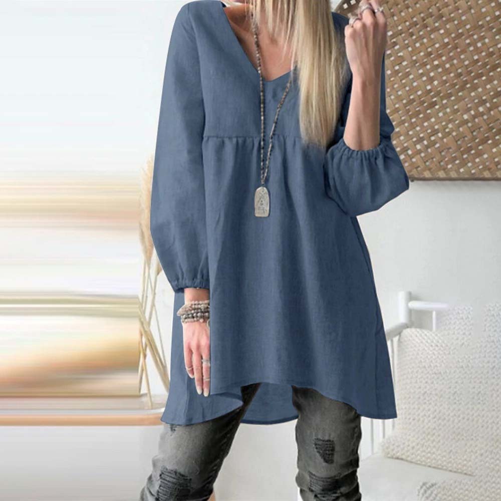 Women's solid color casual V-neck lantern sleeve cotton and linen shirt