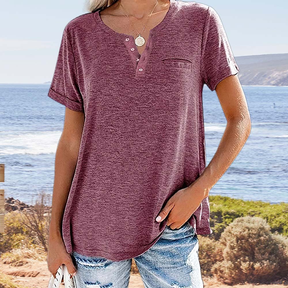 Women's Summer Fashion Solid Color Pocket Short Sleeve T-Shirt