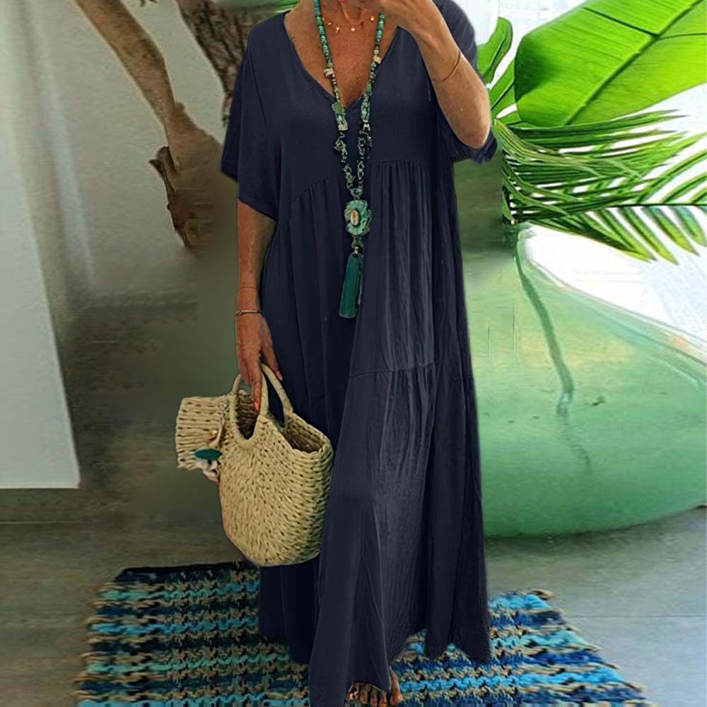 Women's breathable V-neck cotton and linen long skirt casual beach dress