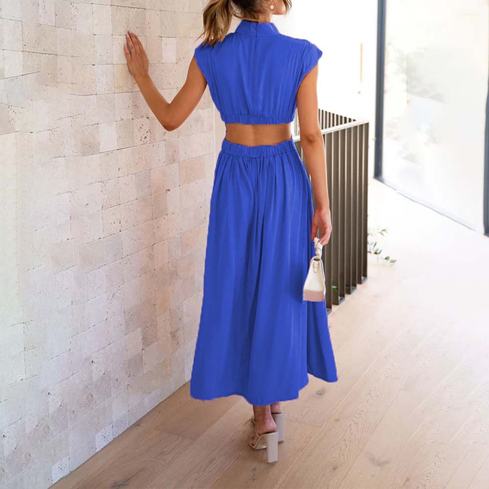 Stylish stand-up collar and exposed waist resort style dress